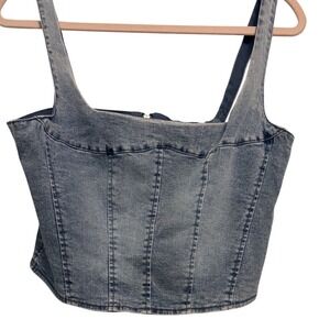 Belle Vere Womens Denim Corset Top Light Wash Blue Square Neck Zip Back Size M